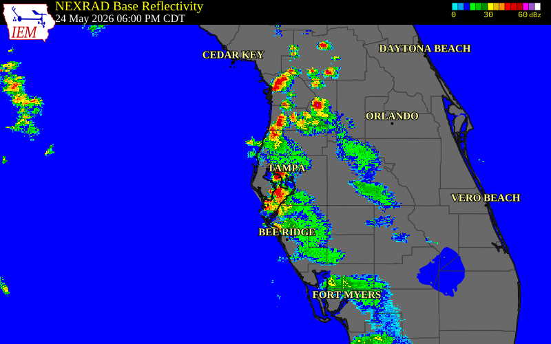 Radar snapshot during the May 24, 2026 tornado event near 2 SW Town 'n' Country, Hillsborough County, Florida, with NWS warning polygons