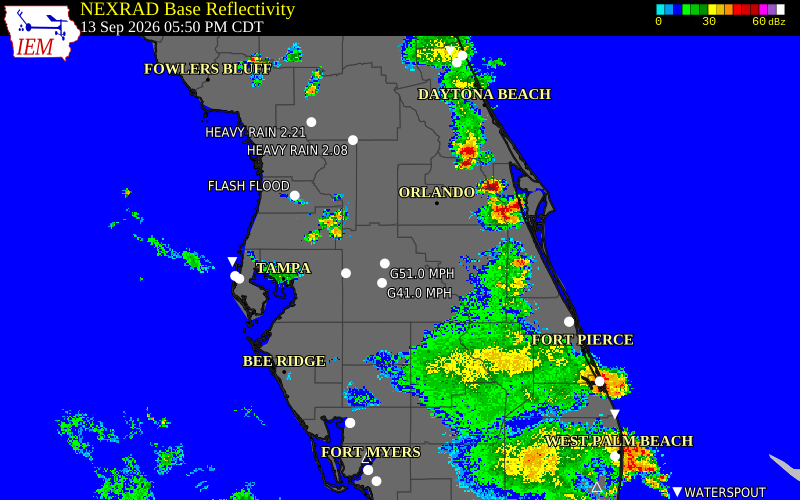 Current NEXRAD radar over Hillsborough County, Florida with recent storm report locations