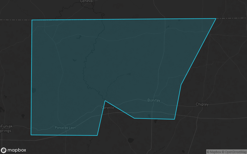Map of Holmes County, Florida showing the county boundary and surrounding cities