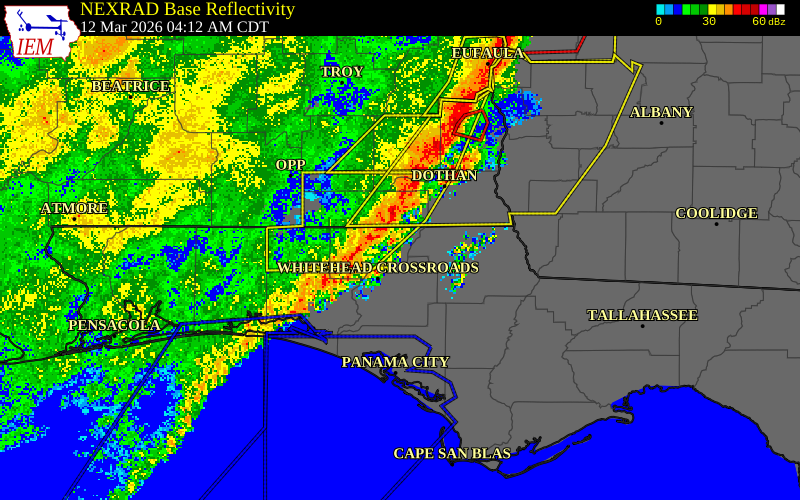 NEXRAD radar during the Thursday, March 12, 2026 storm activity in Holmes County, Florida