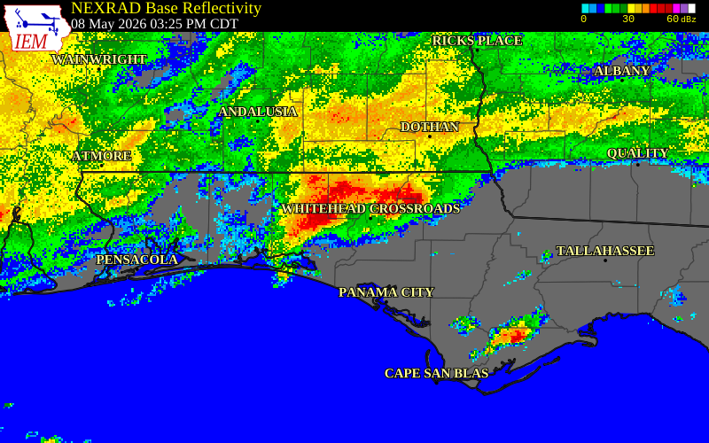 NEXRAD radar during the Friday, May 8, 2026 storm activity in Holmes County, Florida