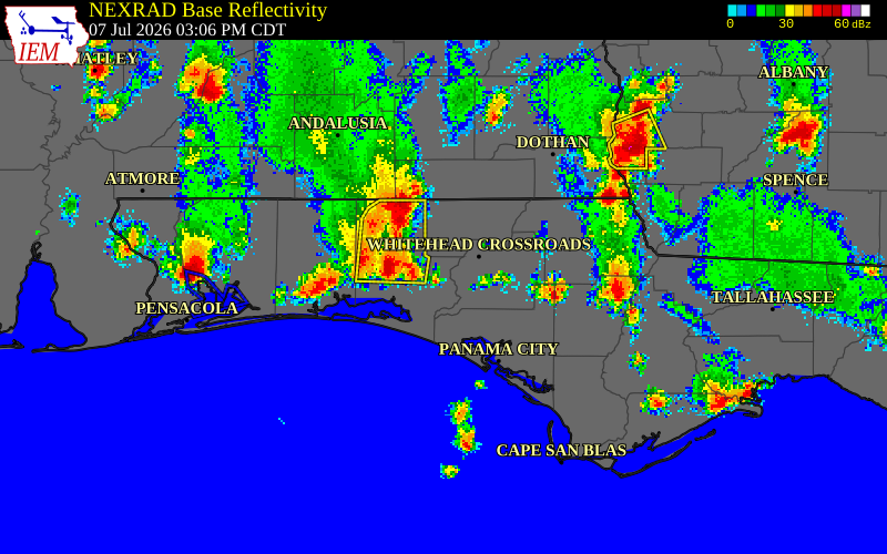 NEXRAD radar during the Tuesday, July 7, 2026 storm activity in Holmes County, Florida