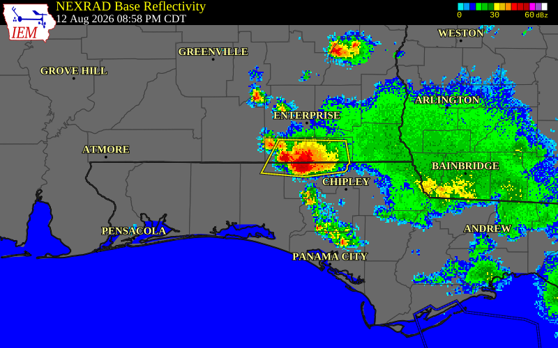 NEXRAD radar during the Wednesday, August 12, 2026 storm activity in Holmes County, Florida