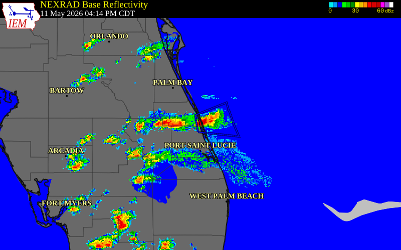 NEXRAD radar during the Monday, May 11, 2026 storm activity in Indian River County, Florida