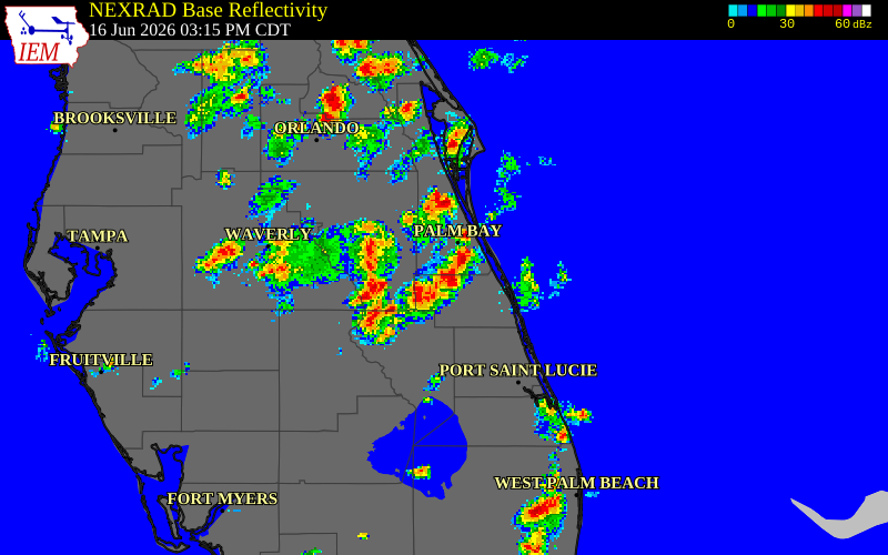 NEXRAD radar during the Tuesday, June 16, 2026 storm activity in Indian River County, Florida