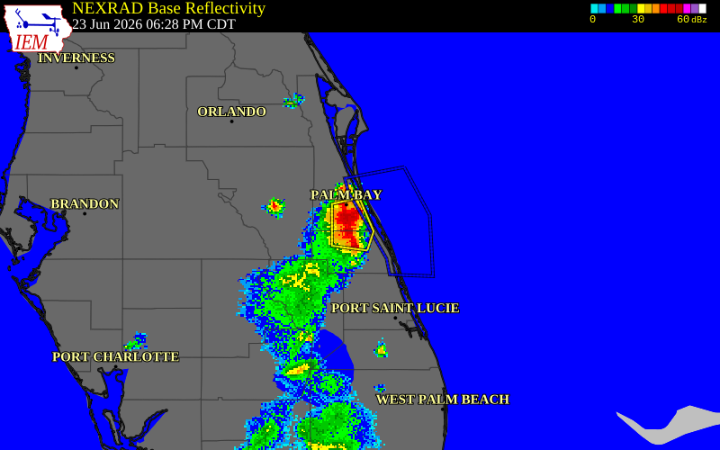 NEXRAD radar during the Tuesday, June 23, 2026 storm activity in Indian River County, Florida