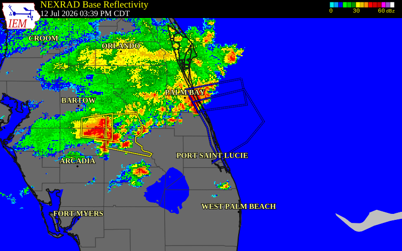 NEXRAD radar during the Sunday, July 12, 2026 storm activity in Indian River County, Florida
