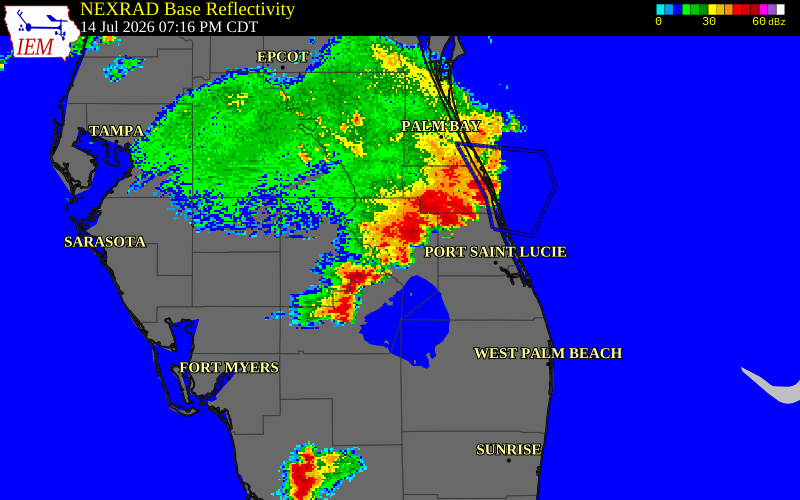 NEXRAD radar during the Tuesday, July 14, 2026 storm activity in Indian River County, Florida