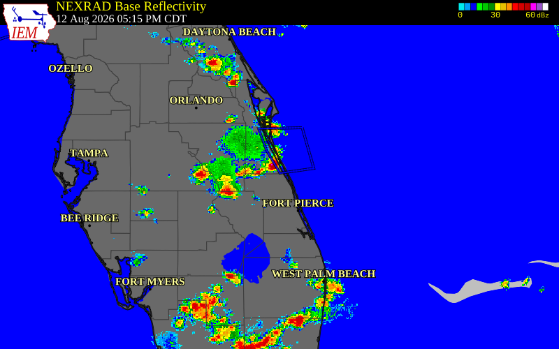 Radar snapshot during the Aug 12, 2026 wind event near Indian River County, Indian River County, Florida, with NWS warning polygons
