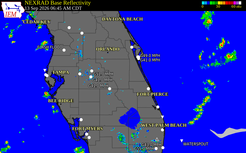 Current NEXRAD radar over Indian River County, Florida with recent storm report locations