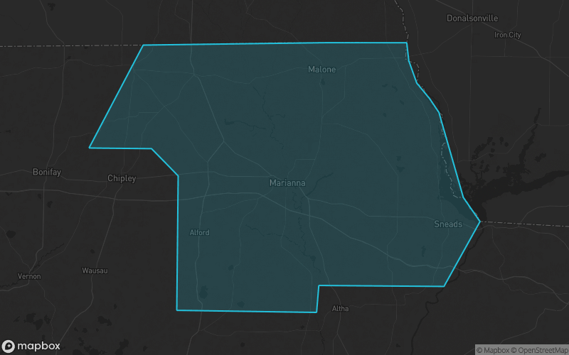 Map of Jackson County, Florida showing the county boundary and surrounding cities