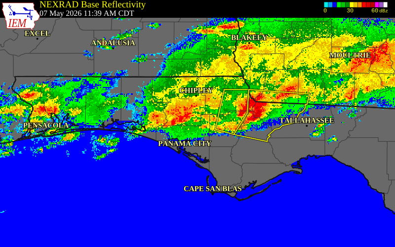 NEXRAD radar during the Thursday, May 7, 2026 storm activity in Jackson County, Florida