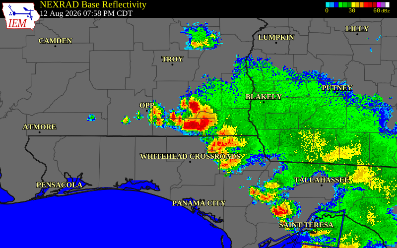 NEXRAD radar during the Wednesday, August 12, 2026 storm activity in Jackson County, Florida