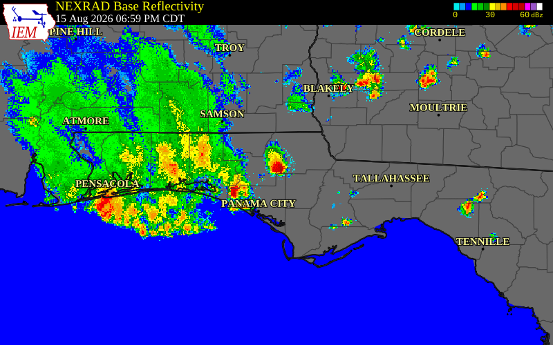 Radar snapshot during the Aug 12, 2026 wind event near Jackson County, Jackson County, Florida, with NWS warning polygons
