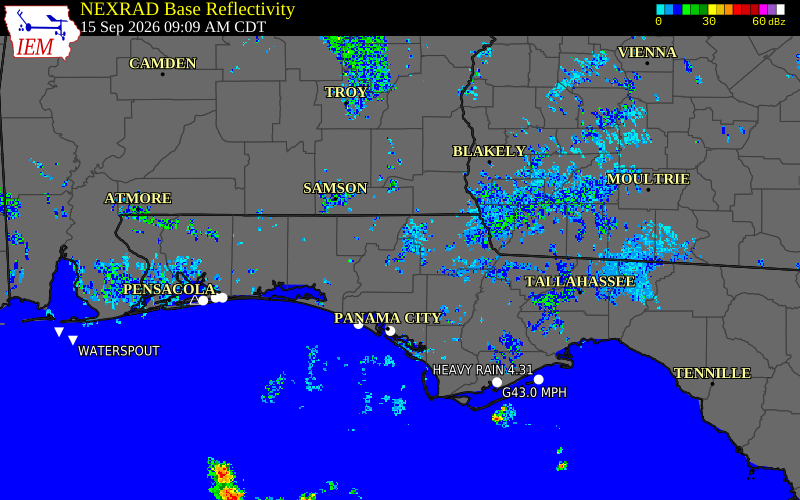 Current NEXRAD radar over Jackson County, Florida with recent storm report locations