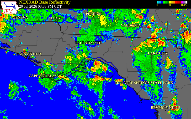 NEXRAD radar during the Monday, July 20, 2026 storm activity in Jefferson County, Florida