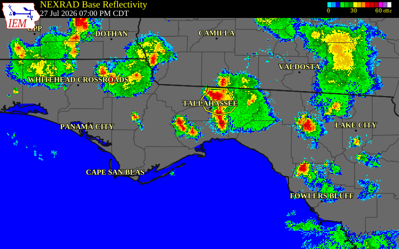 NEXRAD radar during the Monday, July 27, 2026 storm activity in Jefferson County, Florida