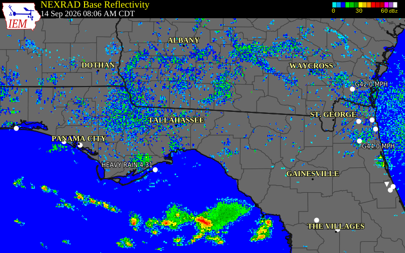 Current NEXRAD radar over Jefferson County, Florida with recent storm report locations