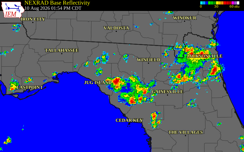 NEXRAD radar during the Monday, August 10, 2026 storm activity in Lafayette County, Florida