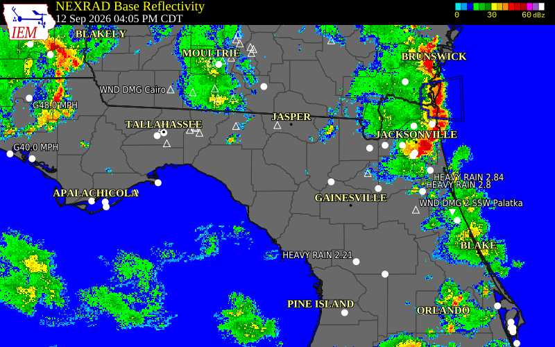 Current NEXRAD radar over Lafayette County, Florida with recent storm report locations