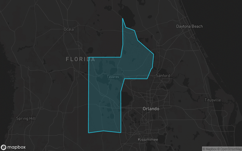 Map of Lake County, Florida showing the county boundary and surrounding cities