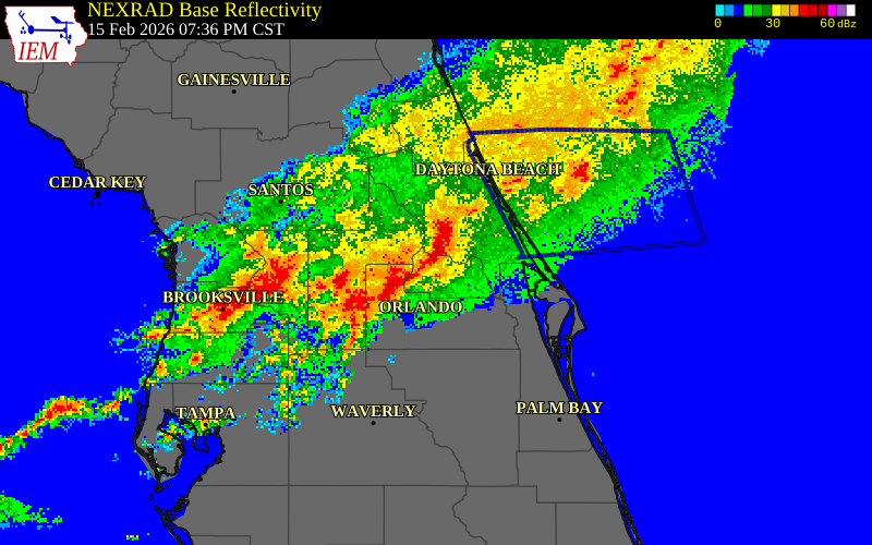 NEXRAD radar during the Sunday, February 15, 2026 storm activity in Lake County, Florida
