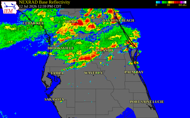 NEXRAD radar during the Sunday, July 12, 2026 storm activity in Lake County, Florida