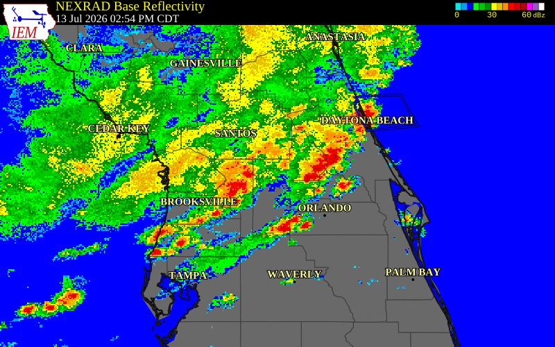 NEXRAD radar during the Monday, July 13, 2026 storm activity in Lake County, Florida