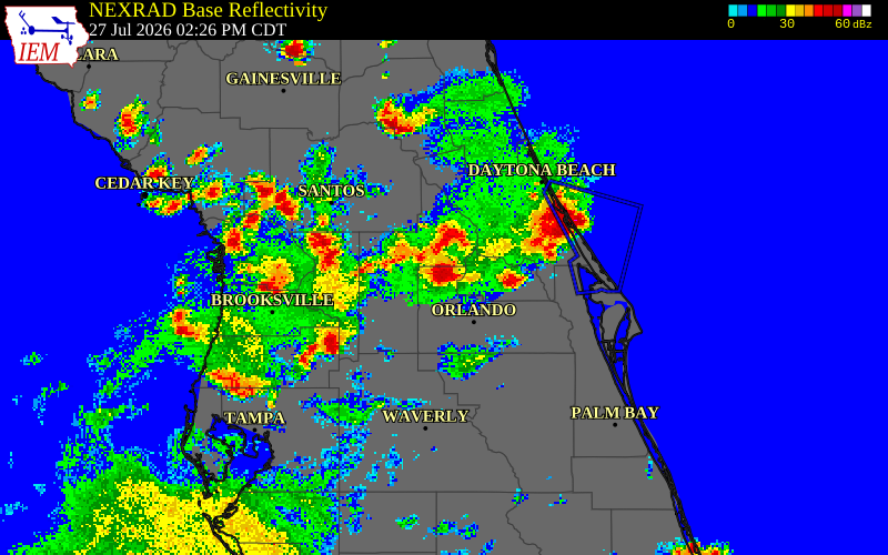 NEXRAD radar during the Monday, July 27, 2026 storm activity in Lake County, Florida