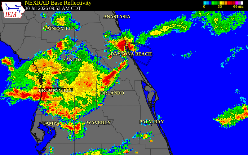 NEXRAD radar during the Thursday, July 30, 2026 storm activity in Lake County, Florida