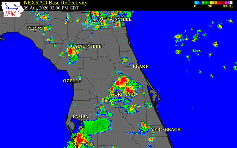 Radar snapshot during the Aug 9, 2026 wind event near Lake County, Lake County, Florida, with NWS warning polygons