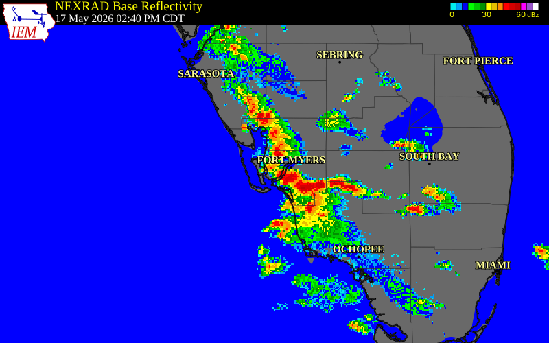 NEXRAD radar during the Sunday, May 17, 2026 storm activity in Lee County, Florida