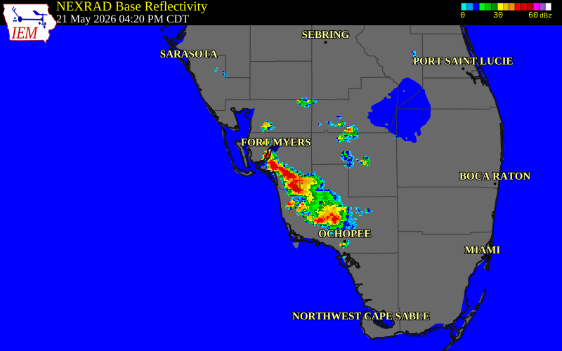 NEXRAD radar during the Thursday, May 21, 2026 storm activity in Lee County, Florida