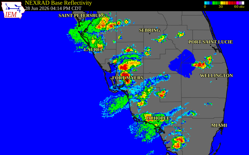 NEXRAD radar during the Sunday, June 28, 2026 storm activity in Lee County, Florida