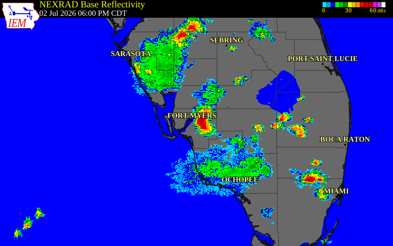 NEXRAD radar during the Thursday, July 2, 2026 storm activity in Lee County, Florida