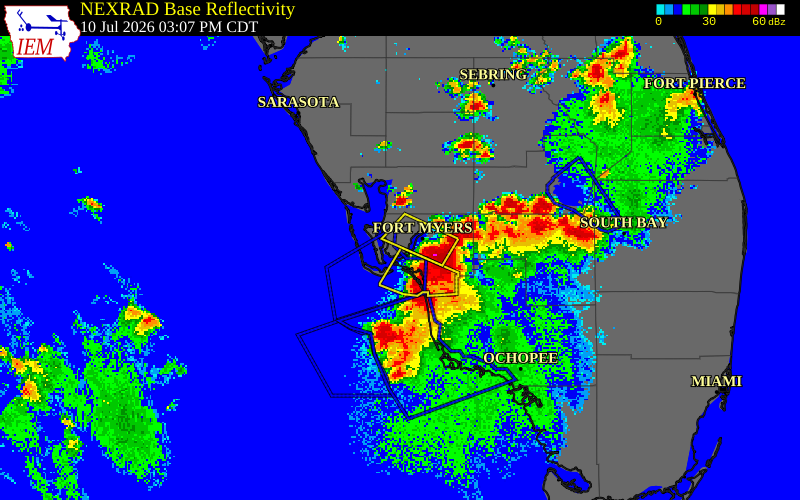 NEXRAD radar during the Friday, July 10, 2026 storm activity in Lee County, Florida
