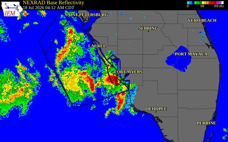 NEXRAD radar during the Saturday, July 18, 2026 storm activity in Lee County, Florida
