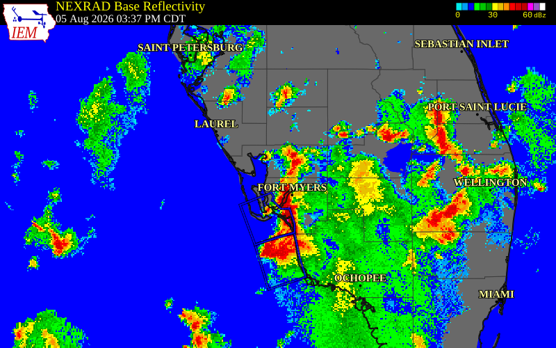 NEXRAD radar during the Wednesday, August 5, 2026 storm activity in Lee County, Florida