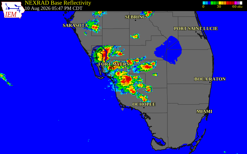 NEXRAD radar during the Monday, August 10, 2026 storm activity in Lee County, Florida