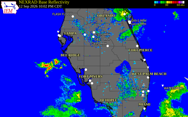 Current NEXRAD radar over Lee County, Florida with recent storm report locations