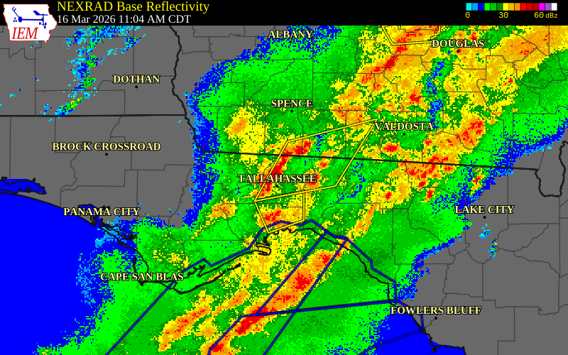 NEXRAD radar during the Monday, March 16, 2026 storm activity in Leon County, Florida