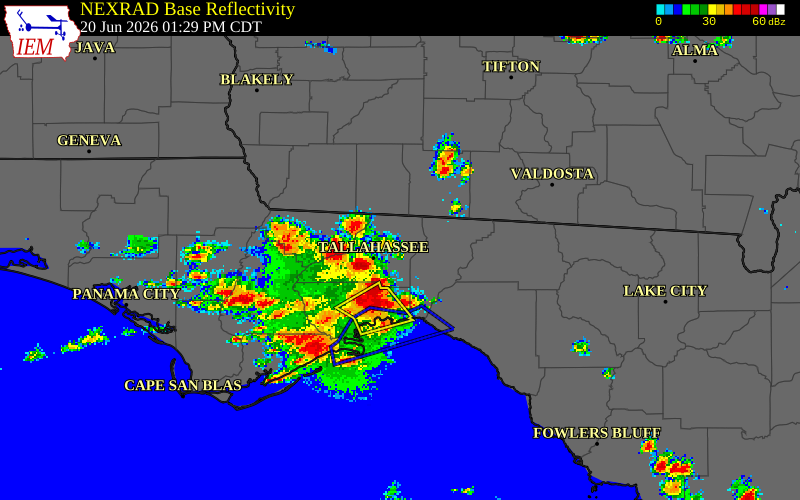 NEXRAD radar during the Saturday, June 20, 2026 storm activity in Leon County, Florida
