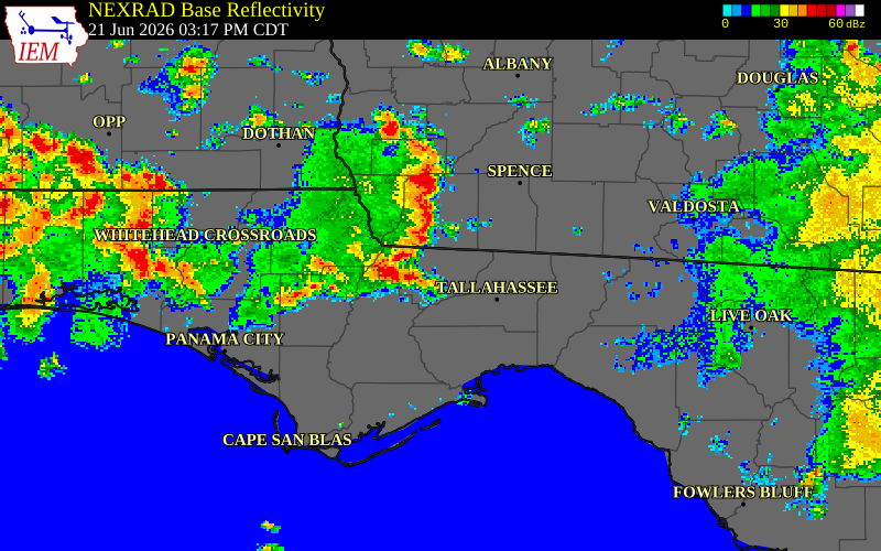 NEXRAD radar during the Sunday, June 21, 2026 storm activity in Leon County, Florida