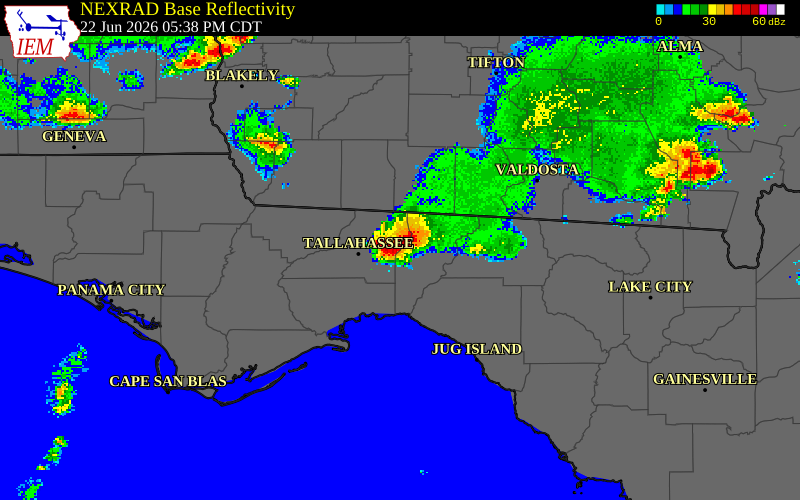 NEXRAD radar during the Monday, June 22, 2026 storm activity in Leon County, Florida