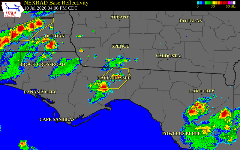 NEXRAD radar during the Friday, July 10, 2026 storm activity in Leon County, Florida