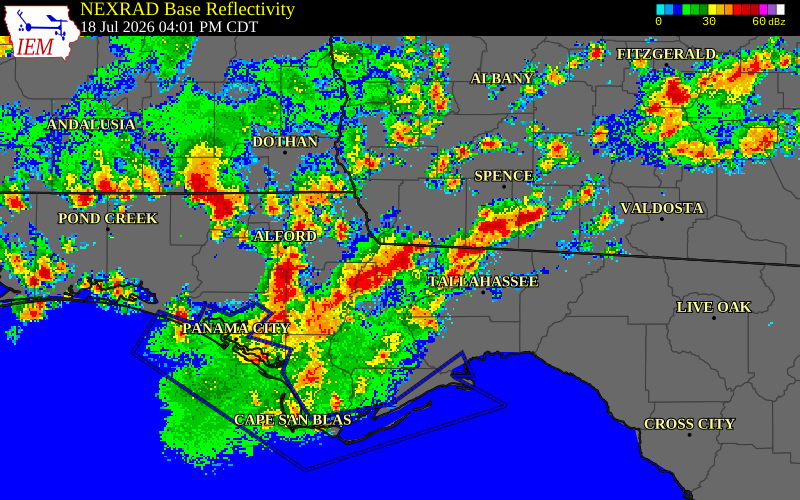 NEXRAD radar during the Saturday, July 18, 2026 storm activity in Leon County, Florida