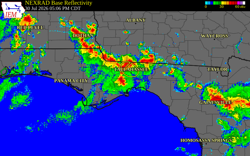Radar snapshot during the Jul 30, 2026 wind event near Leon County, Leon County, Florida, with NWS warning polygons