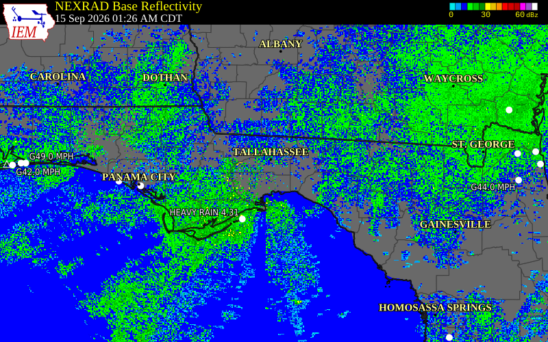 Current NEXRAD radar over Leon County, Florida with recent storm report locations