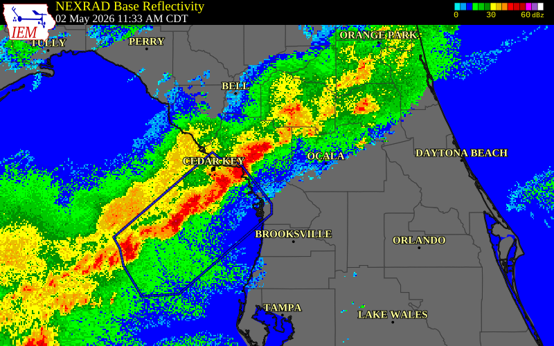 NEXRAD radar during the Saturday, May 2, 2026 storm activity in Levy County, Florida