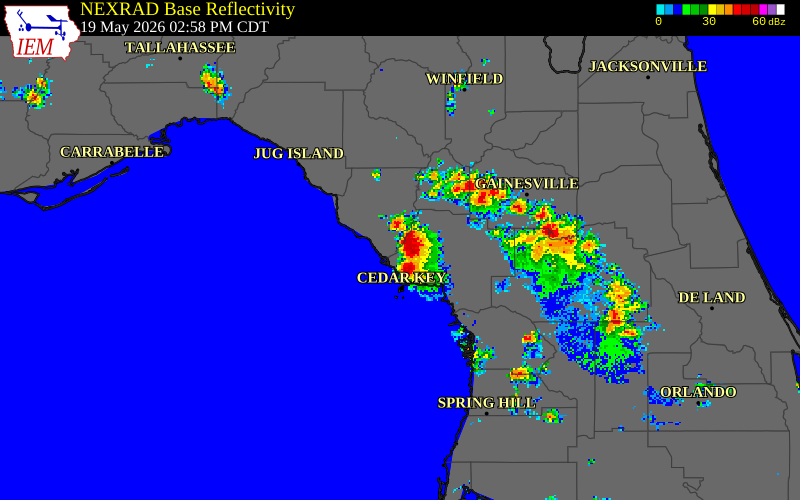 NEXRAD radar during the Tuesday, May 19, 2026 storm activity in Levy County, Florida